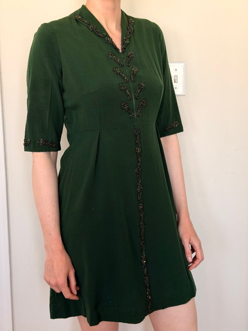 Vintage 1960s Handmade Green Beaded Mini Dress — As-Is / Repair Project
